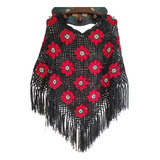 Poncho Tejido A Crochet,  Lana, Color Negro, Flores Rojas