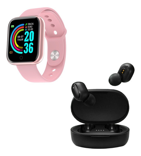 Reloj Smartwatch D20 Rosa + Auriculares Inalámbricos Negro