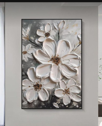 Cuadro Decorativo Pintado A Mano. Flores Blancas. Textura. 