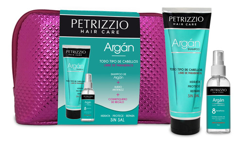Cosmetiquero Petrizzio + Shampoo Argan + Suero Antifrizz