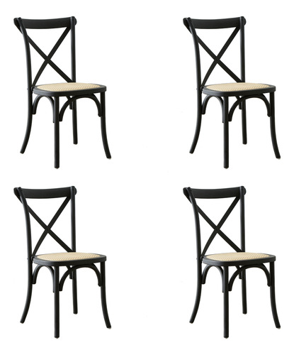 Silla De Comedor Cocina Cross De Madera De Roble Asiento Tejido Esterilla De Rattan Natural Color De La Estructura Negro X4 Unidades