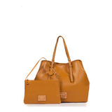 Cartera Tote Bolso Bren Grande + Neceser Juanita Jo Dama Color Camel Diseño De La Tela Lisa