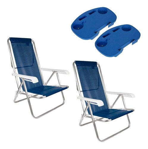 2 Cadeiras De Praia Azul 8 Posições E 2 Mesas Portátil Mor