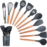 Set X12 Kit Utensilios De Cocina Mango Madera Punta Silicona