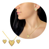 Conjunto Brinco E Colar Coração Rose Folheado A Ouro 18k