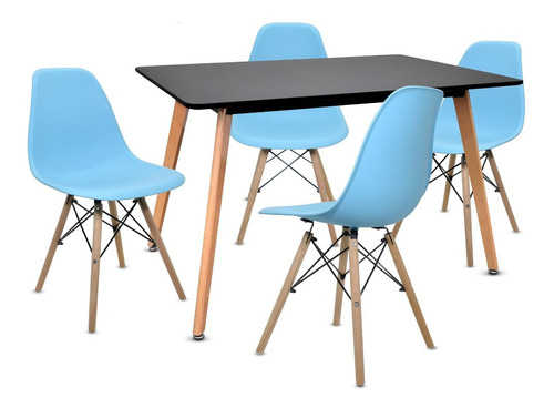 Comedor Minimalista Eames Mesa Negra + 4 Sillas Color Aqua