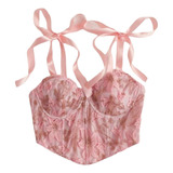 Corsets De Encaje Rosa Con Diseño Floral Bordado, Lencería