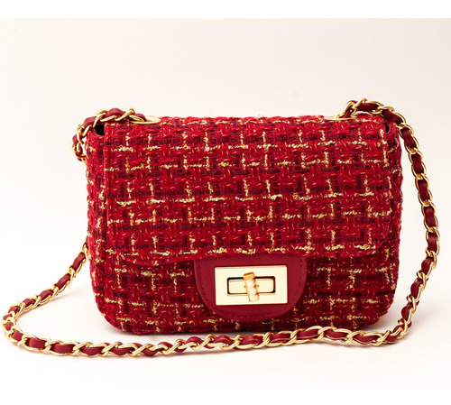 Bolsa Feminina Tweed Vermelho Cereja Transversal De Lado 