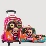 Kit Mochila Escolar Infantil Masha E O Urso Com Rodinha