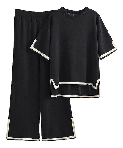 2 Piece Women's Knit Sweater Short Sleeve Wide Leg Pants