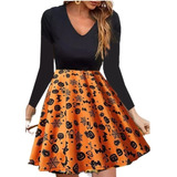 Vestido Dama Midi Estampado Calabazas De Halloween