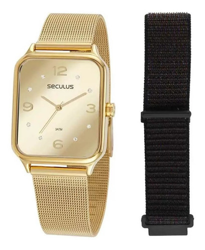 Relogio Seculus Feminino Dourado Quadrado De Aço 2 Pulseiras