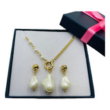 Set Collar Y Aretes De Perlas Nice Con 4 Baños Oro 18k