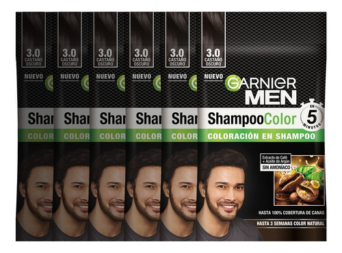 Tinte Shampoo Color Garnier Men Coloración 3.0 Castaño Oscuro 20 Ml C/u X6