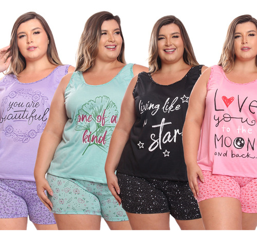 Kit 4 Conjuntos Baby Doll Plus Size Short + Regata Pijama
