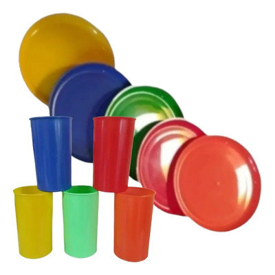 Pack 50 Platos Taqueros 21cm + Vasos Reusables Plástico Colores Kaisen