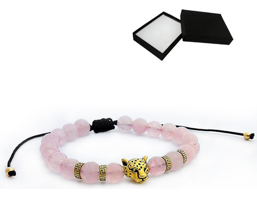 Pulsera De Cuarzo Rosa Con Dije Jaguar Ajustable H51