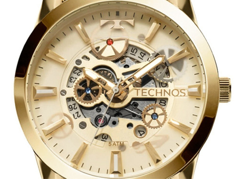 Relógio Technos Masculino Automático 8205nq/4x Esqueleto Off Correia Dourado Bisel Dourado Fundo Dourado