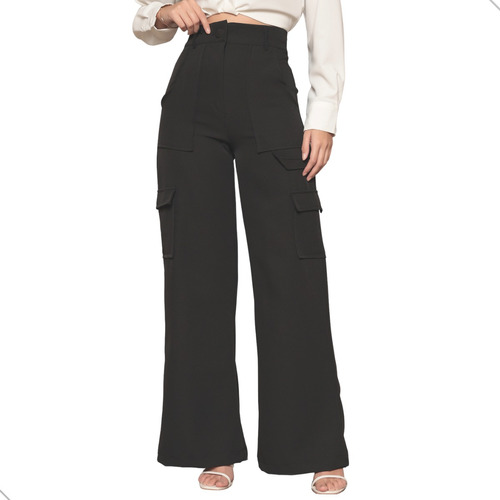 Calça Feminina Cargo Wide Leg Alfaiataria Bolso Lateral Moda