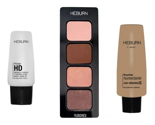 Kit Maquillaje Primer + Base + Paleta Rubores Heburn Premium