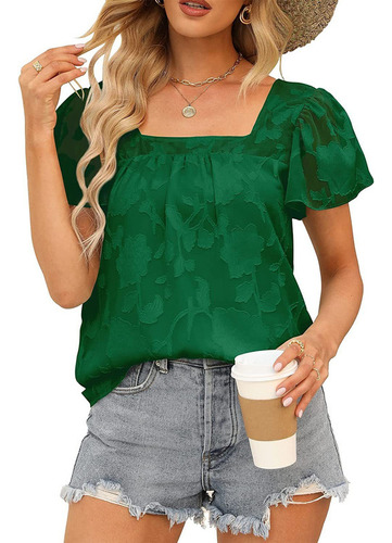 Mulheres Camiseta Floral Texturizado Quadrado Pescoço Blusas