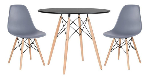 Kit Mesa Jantar Eames Wood  90 Cm E 2 Cadeiras Eames Eiffel Cor Da Tampa Mesa Preto Com Cadeiras Cinza Escuro