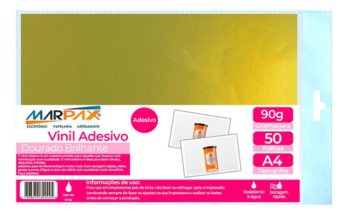 Vinil Adesivo Dourado A4 90g Sintético Marpax 50 Folhas