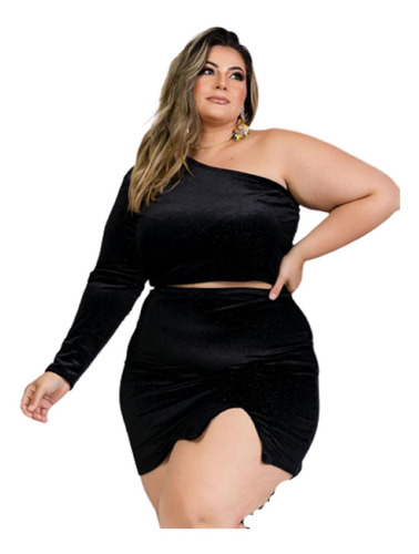 Plus Size - Conjunto De Saia Fenda C/ Cropped 1 Manga Veludo