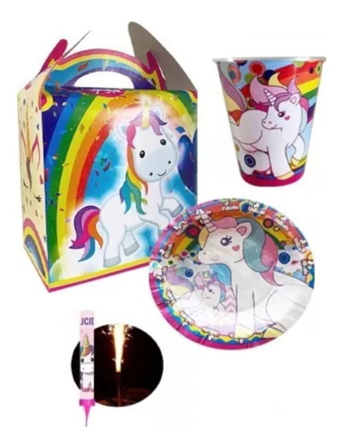 Unicornio Fiesta 30 Pz Vasos Platos Cajas Dulceras Party