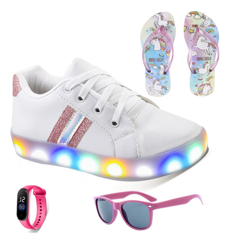 Tênis Casual Feminino Led Glitter+chinelo+óculos+relógio