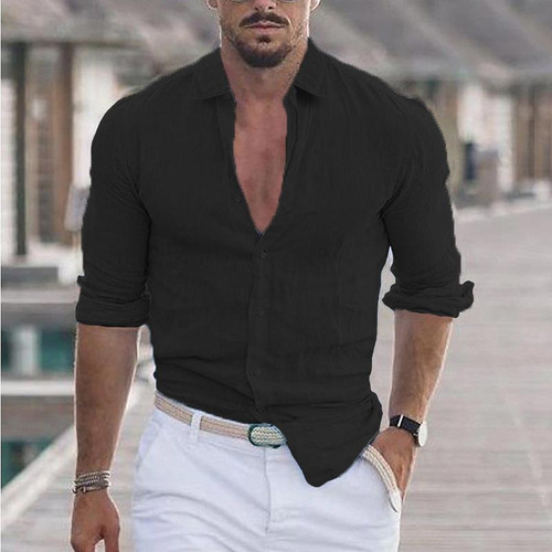 Camisa De Playa Para Hombre Con Solapa De Algodón Y Lino