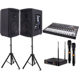 Kit Saga 6a + 6p 200w + Tripés + Mic. D9000s + Mesa Xms1602