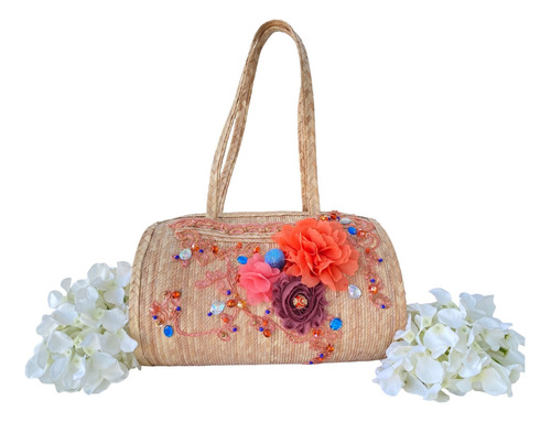 Bolsa De Petate Forma De Cilindro Bordada Con Flor De Chifon