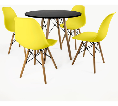 Conjunto Mesa Eiffel 90cm + 4 Cadeiras Eames Design Moderno Cor Da Tampa Amarelo