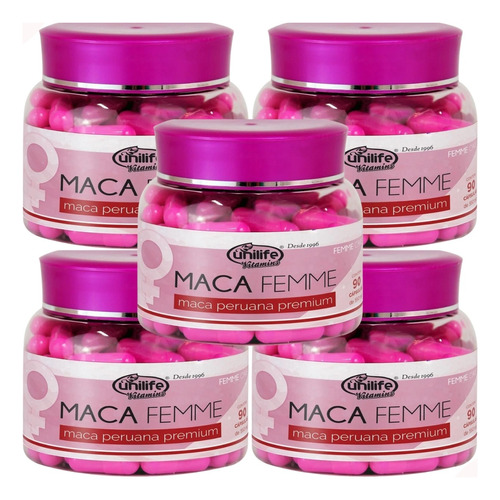 Kit 5 Maca Peruana Premium Femme Care 550mg 90 Caps Unilife