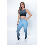 Conjunto Fitness Cropped E Calça Legging Jacquard Azul