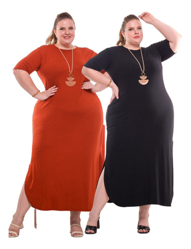 Kit Com 2 Vestidos Longos Básico Moda Plus Size Promoção