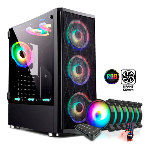 Gabinete Gamer Pc + 8 Cooler Fan Lateral Vidro Temperado Nfe