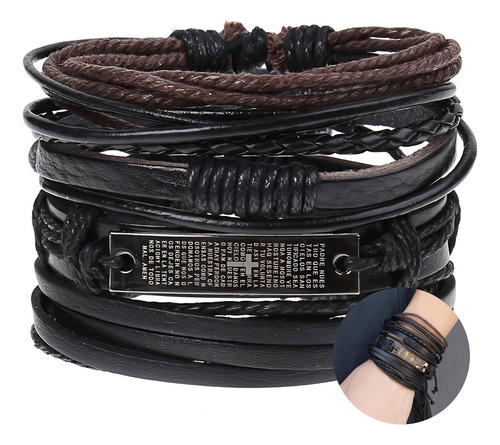 Conjunto Pulsera Brazalete Hombre Cuero 4 En 1 Padre Nuestro