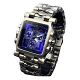 Relógio Masculino Minute Machine Vermelho Pulseira De Aço Correia Prateado Bisel Prateado Fundo Azul