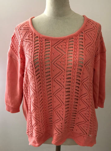 Rapsodia. Sweater Tejido Fino Y Calado. Coral. Talle M