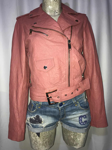 Sexy Chamarra De Piel Biker Con Cinturón Michael Kors Rosa