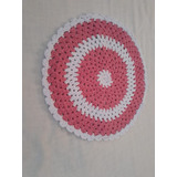 Tapete Croche Barbante Artesanal Redondo Rosa Branco 38x38cm