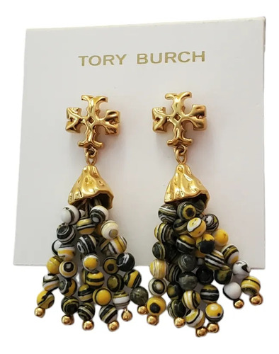 Aretes Tory Logo Dorado Con Piedras Multicolor Colgantes