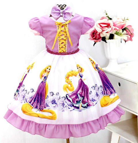 Vestido Fantasia Princesa Rapunzel Infantil + Tiara Luxo