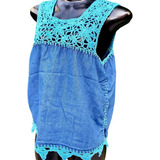 Blusa Regata Feminina Jeans Com Crochê Feito A Mão - Azul