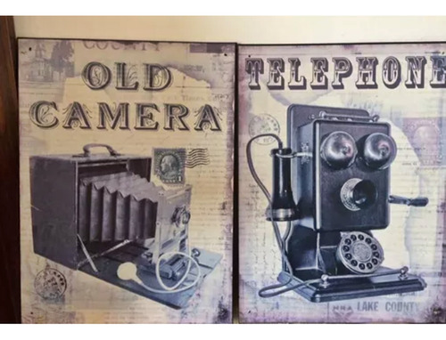 Placas Vintage Decoração Câmera E Telefone Antigos