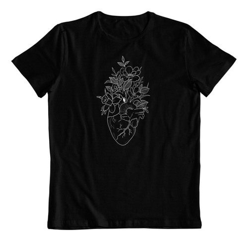 Polera Negra Algodon - Dtf - Corazon Floreciendo Art Tattoo