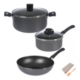 Olla Cacerola + Wok Sarten Domo Con Tapa Vidrio Linea Black 