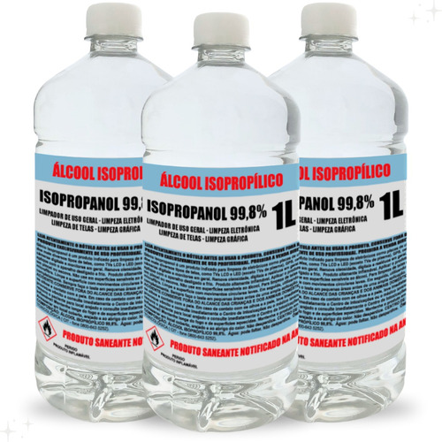 Kit 3x Álcool Isopropílico Puro 99,8% 1 Litro Limpeza Geral